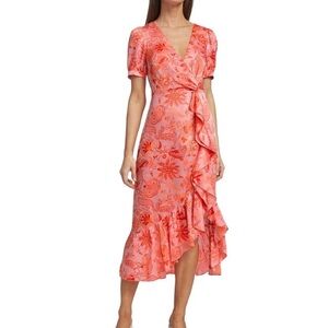 Cinq À Sept Kay Faux-Wrap Floral Pink Ruffle Midi Dress